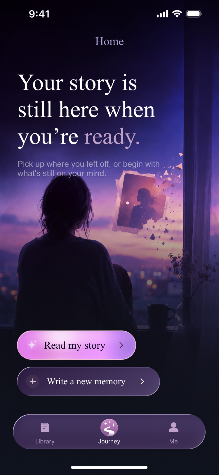 NovelMe app home screen showing a story ready to continue