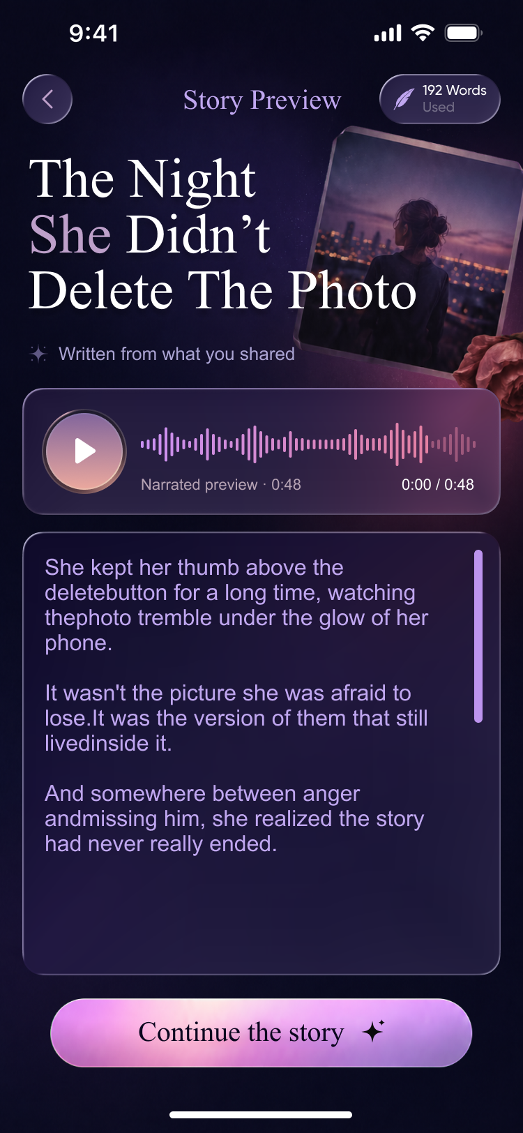 NovelMe app story preview with narration and continue story button